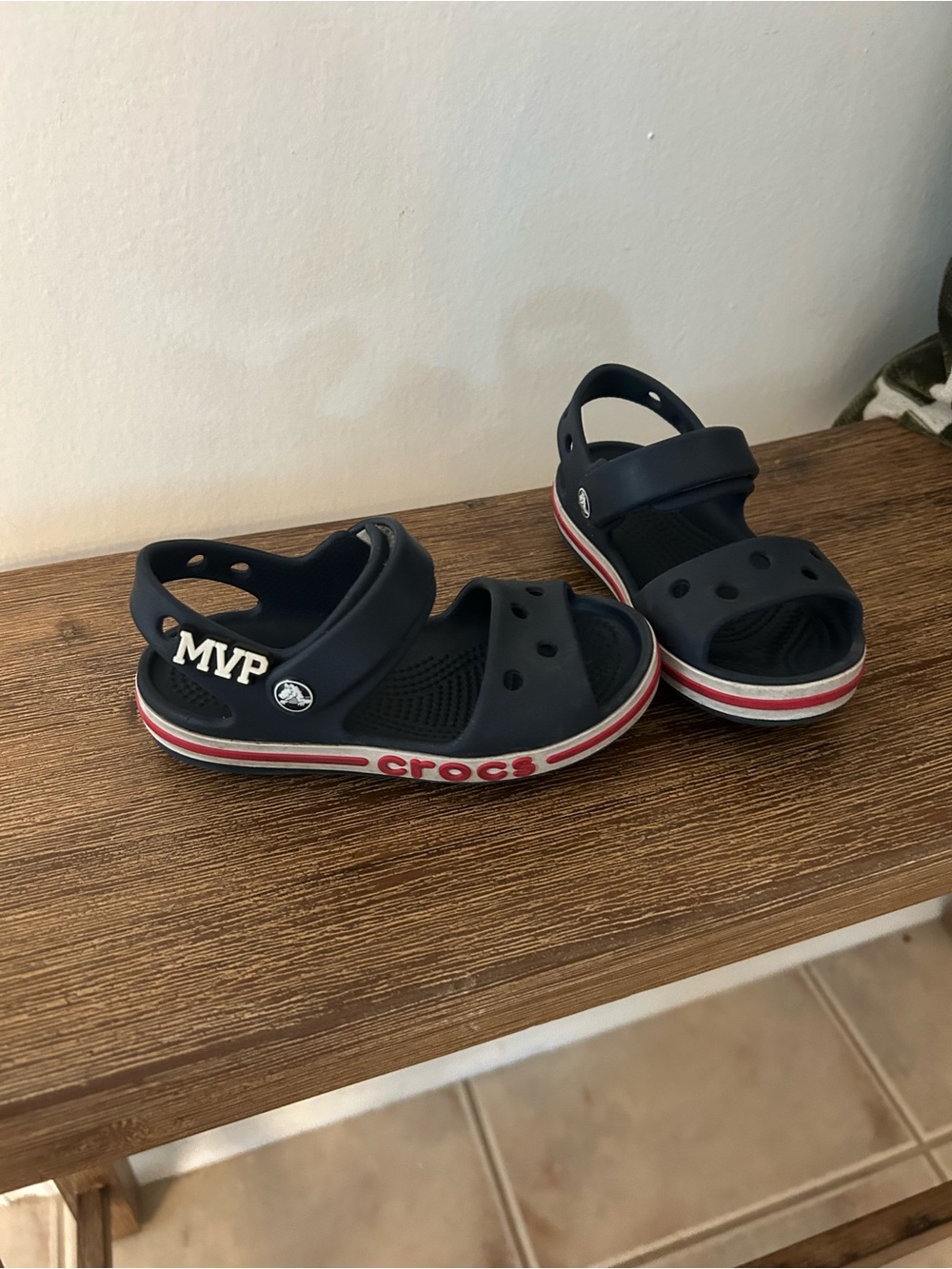 CROCS Kids Navy Sandals with Red & White Trim